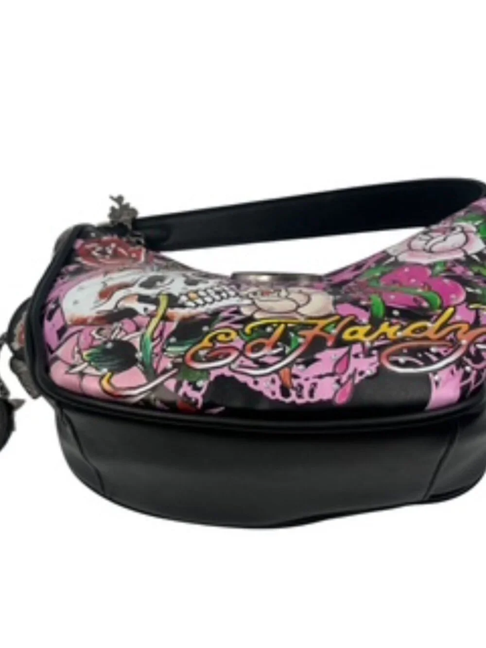 NEW Ed Hardy Crescent Hobo Bag Skull Rose Pink and Black tattoo Print Y2K Purse